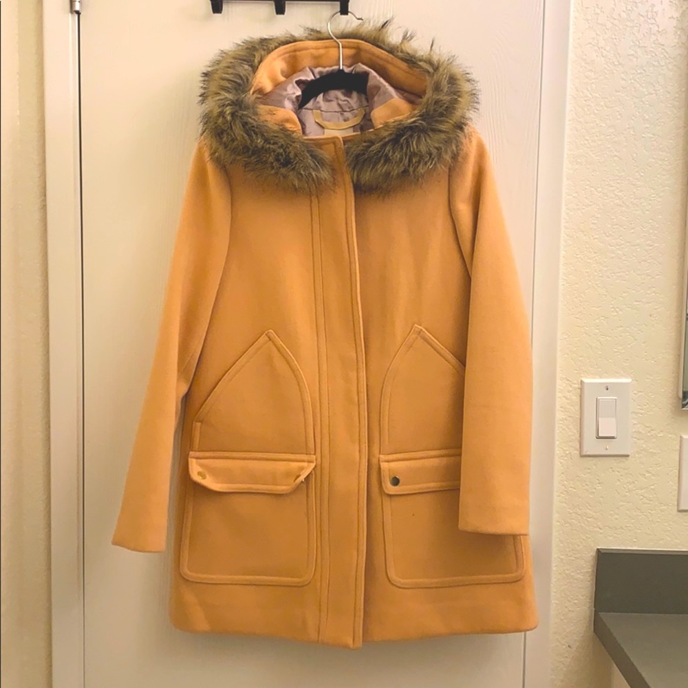 J Crew Pink Faux Fur Hood Peacoat